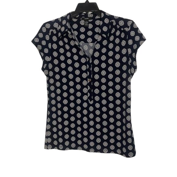 Alfani Navy Blue and White Cap Sleeve Geometric Design Half Button Down Collared - Picture 1 of 10